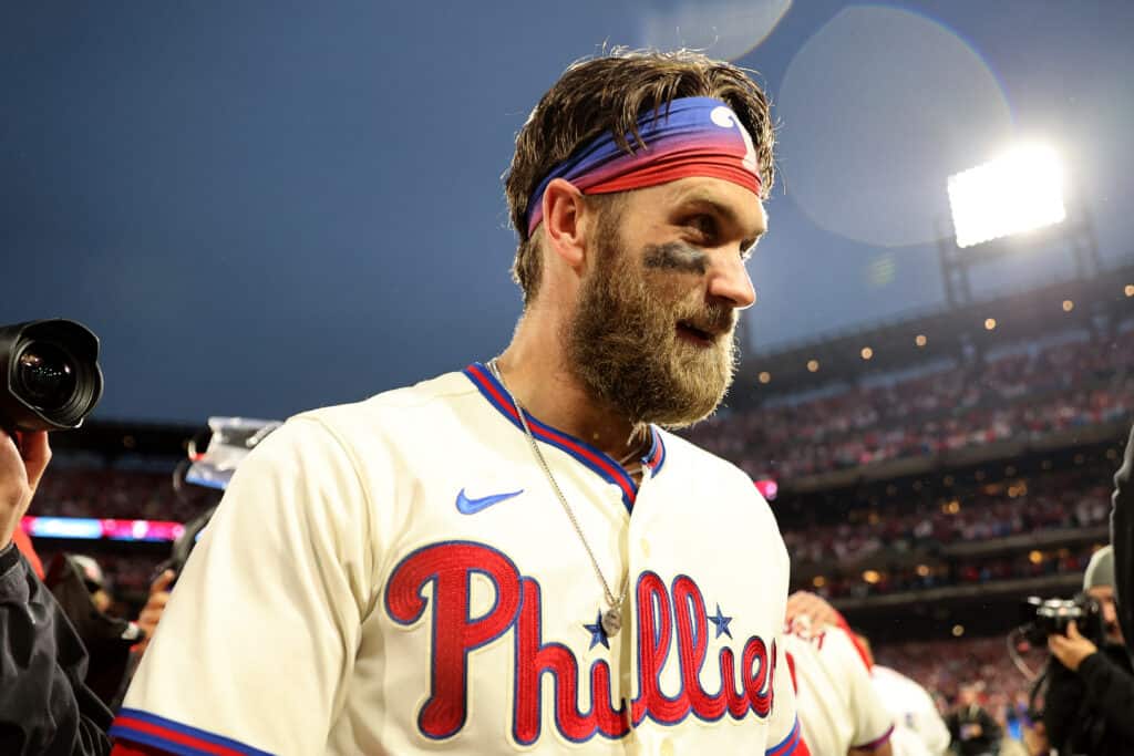 Bryce Harper #3 of the Philadelphia Phillies celebrates after defeating the San Diego Padres in game five to win the National League Championship Series at Citizens Bank Park on October 23, 2022 in Philadelphia, Pennsylvania.