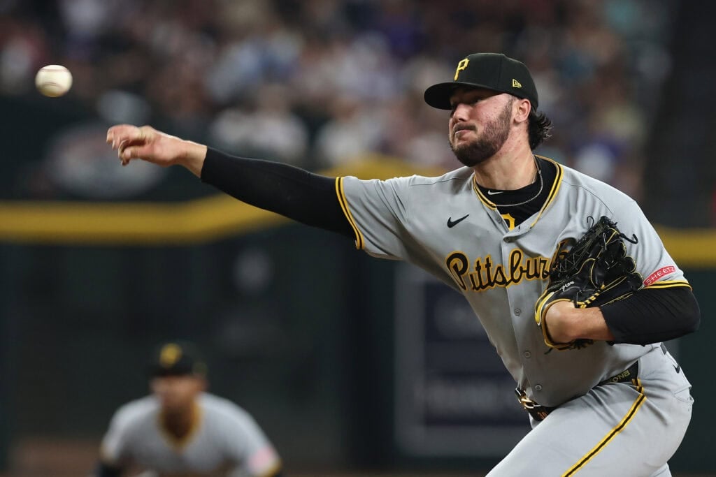 PHOENIX, ARIZONA - MAY 28: Starting pitcher Paul Skenes #30 of the Pittsburgh Pirates pitches against the Arizona Diamondbacks during the MLB game at Chase Field on May 28, 2025 in Phoenix, Arizona.
